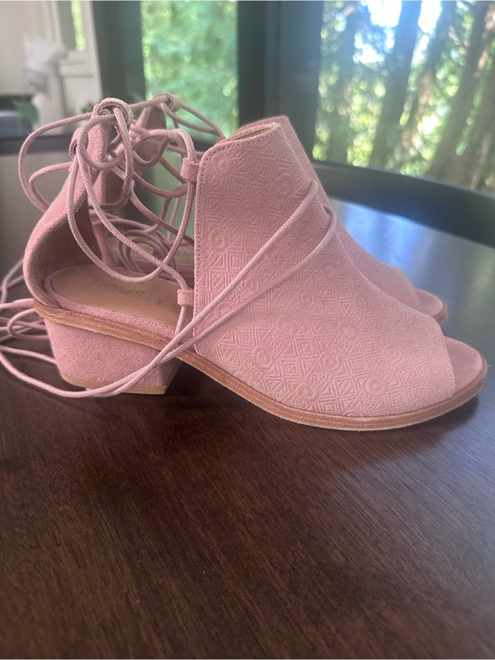 Anthropologie Howsty Lace Up Peep Toe Block Heel Leather Booties Pink 8 38 NWOT